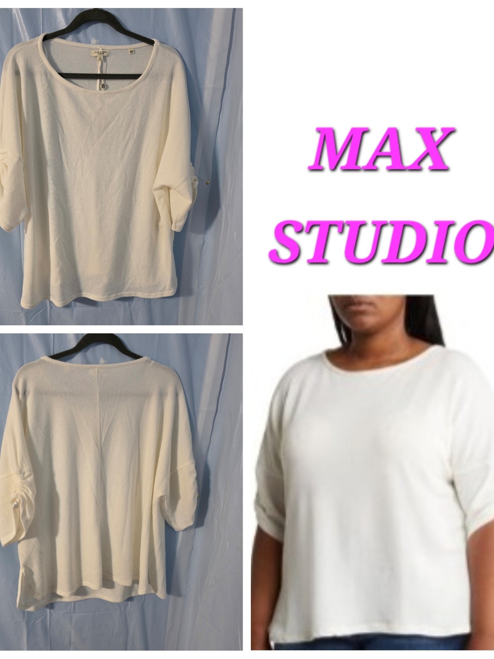 Max Studio Ruched Sleeves Off WHITE Knit Boatneck Sweater